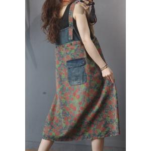 Vintage Flowers Prints Denim Dress Reversible Drawstring Overall Dress