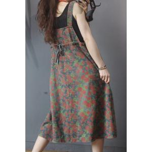 Vintage Flowers Prints Denim Dress Reversible Drawstring Overall Dress