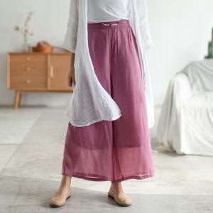 Chinese Button Wide Leg Pants Comfy Ramie Layered Trousers