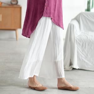 Chinese Button Wide Leg Pants Comfy Ramie Layered Trousers