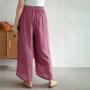 Chinese Button Wide Leg Pants Comfy Ramie Layered Trousers