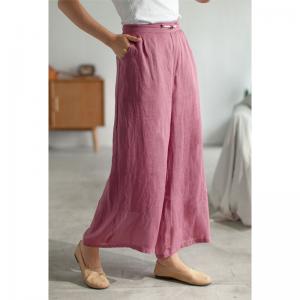 Chinese Button Wide Leg Pants Comfy Ramie Layered Trousers