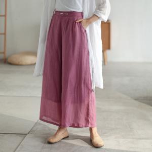 Chinese Button Wide Leg Pants Comfy Ramie Layered Trousers