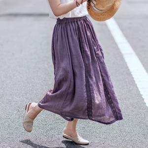 Lace Trim Linen Maxi Skirt Solid Color Summer Beach Skirt