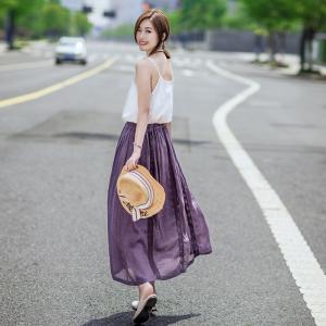 Lace Trim Linen Maxi Skirt Solid Color Summer Beach Skirt