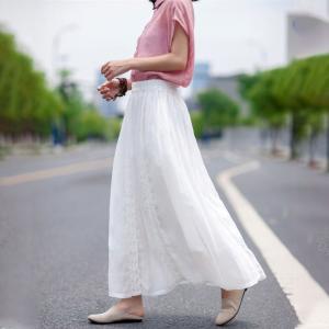 Lace Trim Linen Maxi Skirt Solid Color Summer Beach Skirt