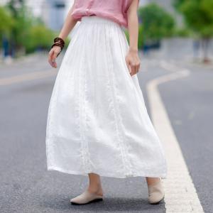 Lace Trim Linen Maxi Skirt Solid Color Summer Beach Skirt