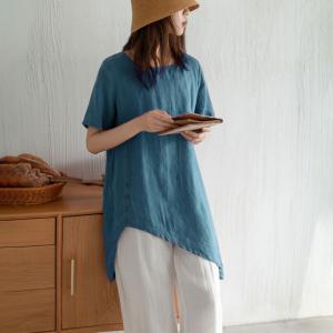 Casual Style Linen Tunic Shirt Short Sleeves Asymmetrical Blouse