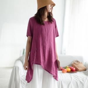 Casual Style Linen Tunic Shirt Short Sleeves Asymmetrical Blouse