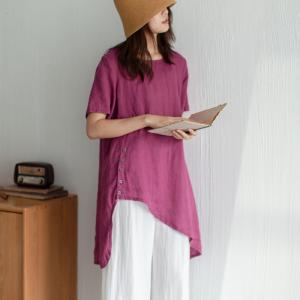 Casual Style Linen Tunic Shirt Short Sleeves Asymmetrical Blouse