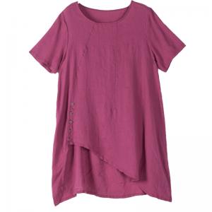 Casual Style Linen Tunic Shirt Short Sleeves Asymmetrical Blouse