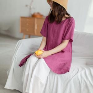 Casual Style Linen Tunic Shirt Short Sleeves Asymmetrical Blouse