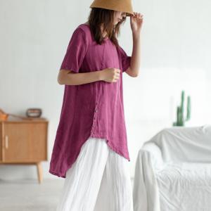 Casual Style Linen Tunic Shirt Short Sleeves Asymmetrical Blouse