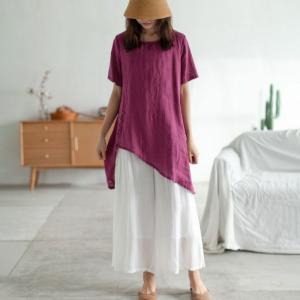 Casual Style Linen Tunic Shirt Short Sleeves Asymmetrical Blouse