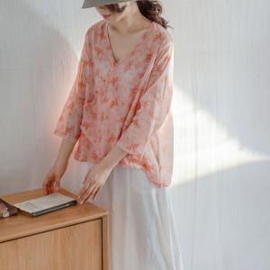 Slanted Buttons Printed Ladies Shirt V-Neck Linen Blouse