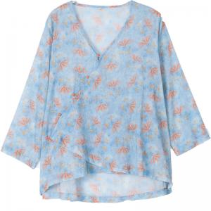 Slanted Buttons Printed Ladies Shirt V-Neck Linen Blouse