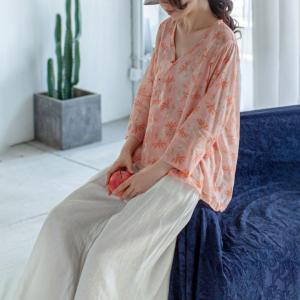 Slanted Buttons Printed Ladies Shirt V-Neck Linen Blouse