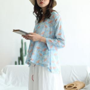 Slanted Buttons Printed Ladies Shirt V-Neck Linen Blouse