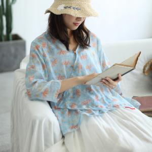 Slanted Buttons Printed Ladies Shirt V-Neck Linen Blouse