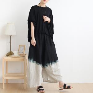 Organic Linen Black Tie-Dye Pants Casual Wide Leg Pants