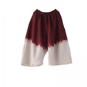 Red Tie-Dye Gauchos Clothing Linen Wide Leg Pants for Women