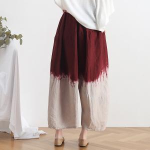 Red Tie-Dye Gauchos Clothing Linen Wide Leg Pants for Women