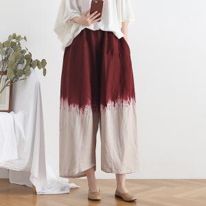 Red Tie-Dye Gauchos Clothing Linen Wide Leg Pants for Women