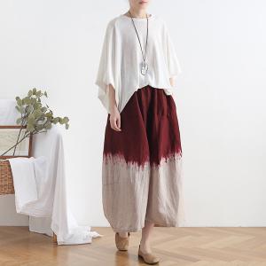 Red Tie-Dye Gauchos Clothing Linen Wide Leg Pants for Women