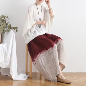 Red Tie-Dye Gauchos Clothing Linen Wide Leg Pants for Women