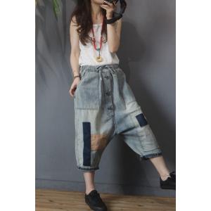 Colored Patchwork Baggy Drawstring Jeans Button Down Harem Jeans