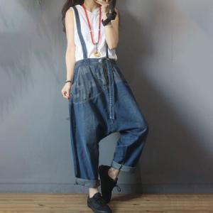 Korean Fashion Backless Suspender Jeans Baggy Checkered Jeans