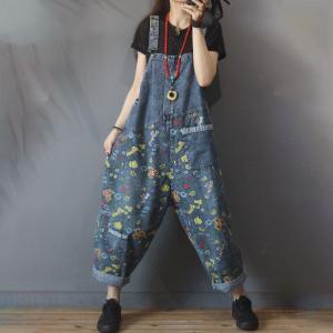 Baggy-Fit Blue Bib Overalls Womans Floral 90s Dungarees