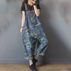 Baggy-Fit Blue Bib Overalls Womans Floral 90s Dungarees