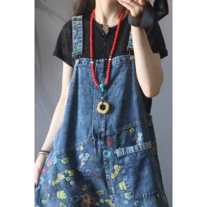 Baggy-Fit Blue Bib Overalls Womans Floral 90s Dungarees