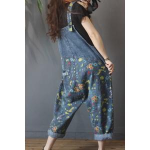 Baggy-Fit Blue Bib Overalls Womans Floral 90s Dungarees