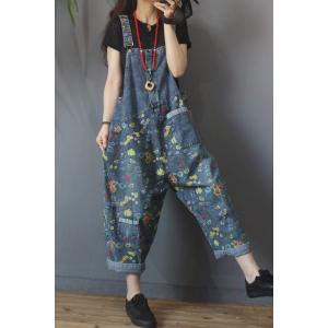 Baggy-Fit Blue Bib Overalls Womans Floral 90s Dungarees
