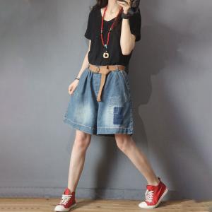 Blue Patchwork Jean Shorts Wide Leg Casual Jorts for Women