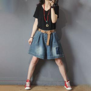 Blue Patchwork Jean Shorts Wide Leg Casual Jorts for Women