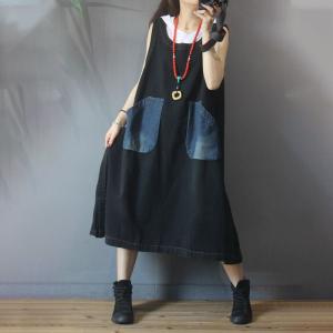 Contrast-Colored Pockets Large Dress Summer Denim Sundress