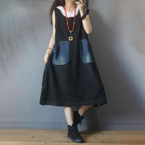 Contrast-Colored Pockets Large Dress Summer Denim Sundress