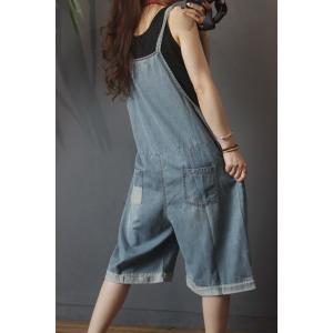 Light Blue Wide Leg Rompers Patch Pocket Overall Shorts