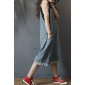 Light Blue Wide Leg Rompers Patch Pocket Overall Shorts