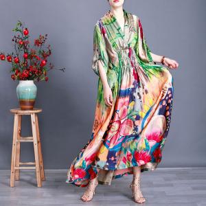 Loose Green Print Maxi Dress High-Waist Kimono Dress