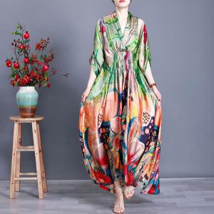 Loose Green Print Maxi Dress High-Waist Kimono Dress