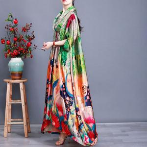 Loose Green Print Maxi Dress High-Waist Kimono Dress