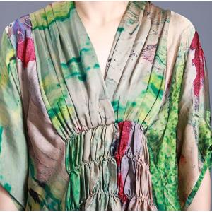 Loose Green Print Maxi Dress High-Waist Kimono Dress