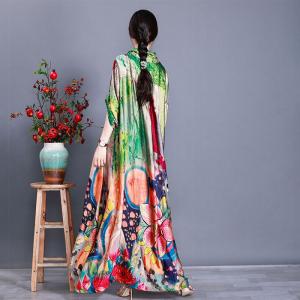 Loose Green Print Maxi Dress High-Waist Kimono Dress