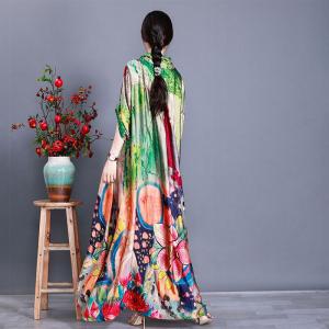 Loose Green Print Maxi Dress High-Waist Kimono Dress