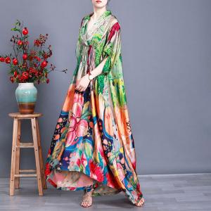 Loose Green Print Maxi Dress High-Waist Kimono Dress