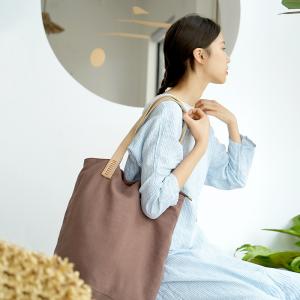 Boho Chic Linen Tote Bag Womans Solid Color Shoulder Bag